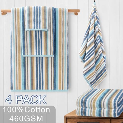 VOOVA & MOVAS Bath Towels 4 Pack, 100% Cotton, 28x52 in, Blue Gray Beige - color: Blue + Gray + Beige Striped, size: 4 PC Bath Towels (28"x52")