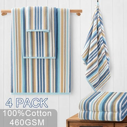 VOOVA & MOVAS Bath Towels 4 Pack, 100% Cotton, 28x52 in, Blue Gray Beige - color: Blue + Gray + Beige Striped, size: 4 PC Bath Towels (28"x52")