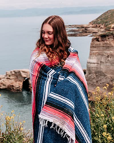 Open Road Goods Mexican Diamond Blanket - XL Heavyweight Yoga Blanket – Handmade in Mexico - Thick Boho Serape Saltillo Style Throw for Beach, Picnic, Home, Camping and More! (Aegean Blue & Pink) - color: Aegean Blue & Pink