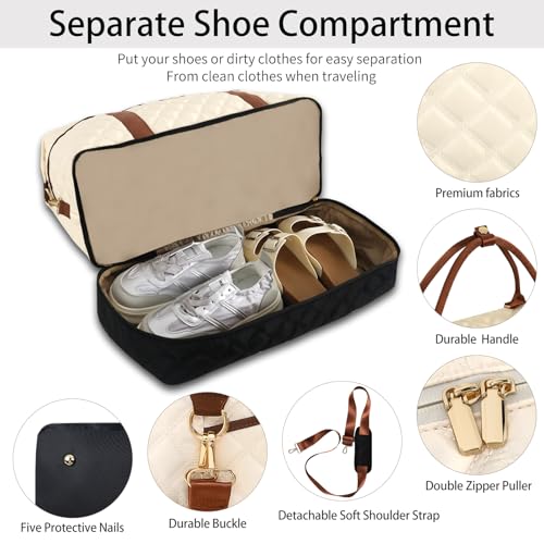 Weekender Bag, Large Travel Duffel Bag for Women, Carry on Overnight Bag with Shoe Compartment and Toiletry Bags - color: G-3PCS Beige Black Brown