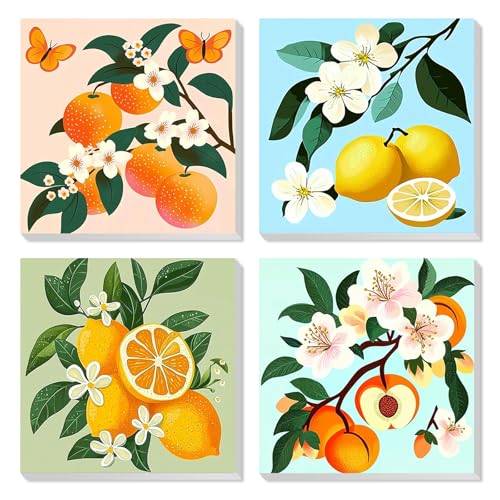 QENSPE 4 Pack Paint by Numbers with Wooden Frame, Fruit Adults Painting by Number for Beginners, DIY Acrylic Oil Painting Kits Arts on Canvas, Home Wall Decor Gift 8X8 inch - color: Fruit