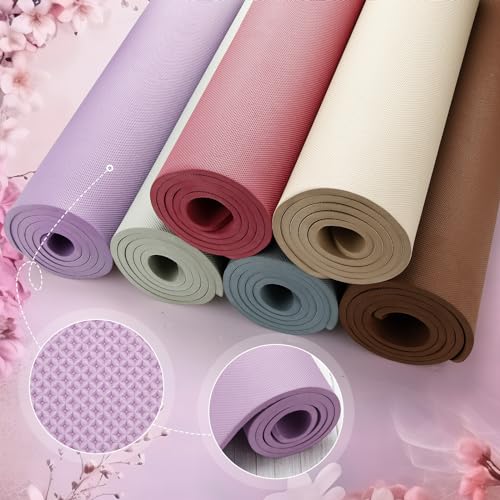 Timgle 6 Pcs 10mm Thick Yoga Mat Bulk 68 x 24 Inches Anti-slip Tear-resistant Exercise Mat Adult Gym Mats for Fitness, Stretching, Workout and Studio, Outdoor Yoga, Pilates - color: blue, red, green, purple, brown, khaki