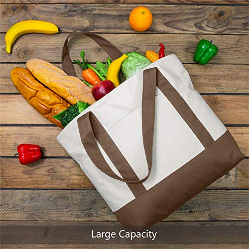 TOPDesign 1-Pack Canvas Tote Bag with an External Pocket, Reusable Grocery Shopping Bag, Top Zipper Closure, Daily Essentials (Brown/Natural) - color: Brown/Natural