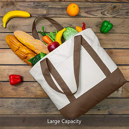TOPDesign 1-Pack Canvas Tote Bag with an External Pocket, Reusable Grocery Shopping Bag, Top Zipper Closure, Daily Essentials (Brown/Natural) - color: Brown/Natural
