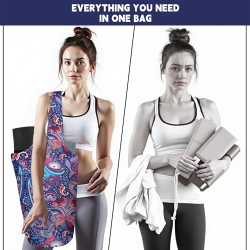 Yoga Mat Bag Carrier for Women with Side Large Pocket Durable Linen Workout Gym Travel Storage Pilates Mats - color: Boho Paisley