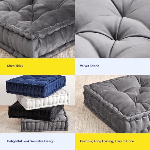 Sweet Home Collection Floor Pillow Large Square Tufted Decorative Cushion. Faux Velvet Fabric Ultra Thick Fill for Kids and Adults, Gray (Pack of 1, 2 Count)