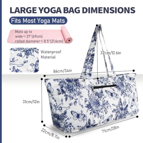 Yoga Mat Bag Yoga Tote Bag with Large Waterproof Zipper Pocket and Drawstring Pocket Yoga Mat Bag Carrier Fit Most Size Mats and All You Stuff - color: white blue