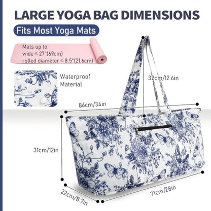 Yoga Mat Bag Yoga Tote Bag with Large Waterproof Zipper Pocket and Drawstring Pocket Yoga Mat Bag Carrier Fit Most Size Mats and All You Stuff - color: white blue