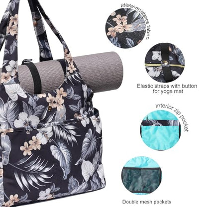 ESVAN Yoga Tote Bag Mat bag Women Shoulder Bags Carryall Tote for Travel Office Workout Gym Nurse Beach - color: Canvas Black Leaf