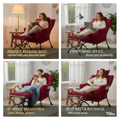 Tiita Lazy Chair with Ottoman, Comfy Reading Accent Chair, Burgundy | Foldable Footrest, Padded Seat and Backrest, Side Pocket for Lounging in Living Rooms, Bedrooms, Dorms and Small Spaces - color: Burgundy