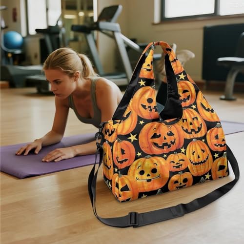 Gym Bag with Yoga Mat Holder Large Tote Bag With Multi Pockets for Women Men Dry Wet Separated Pocket Carryall Yoga Tote Bag for Pilates Travel Workout Office - color: Halloween Pumpkin