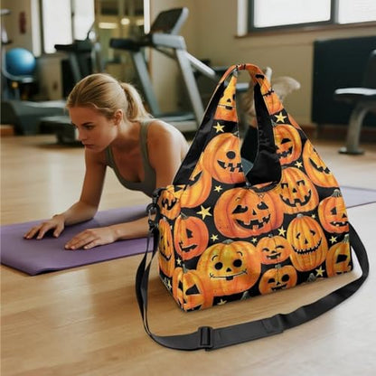 Gym Bag with Yoga Mat Holder Large Tote Bag With Multi Pockets for Women Men Dry Wet Separated Pocket Carryall Yoga Tote Bag for Pilates Travel Workout Office - color: Halloween Pumpkin