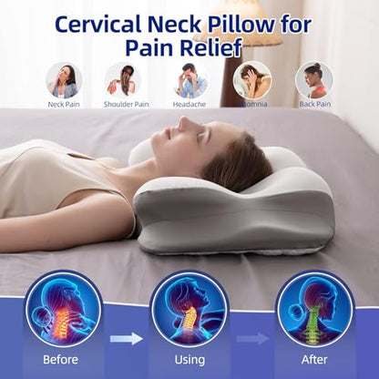 FUNCCUBE Cervical Neck Pillow - Memory Foam Pillows for Pain Relief Sleeping with Cooling Pillowcase, Ergonomic Contour Odorless Bed Pillow for Back Side Shoulder Stomach Sleeper, Queen White