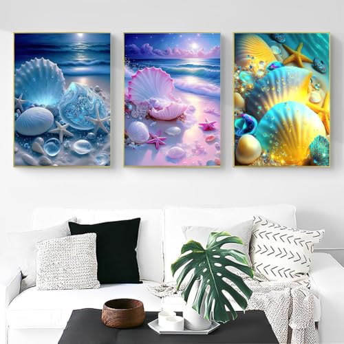 OFRKE Diamond Painting Kits for Adults,3 Pack Beach Shells Diamond Art for Beginners, Diamond Round 5D Full Drill Paint with Diamonds Pictures Gem Art Painting Kits DIY Crafts Kits 12x16inch - color: 3pcs-Shell