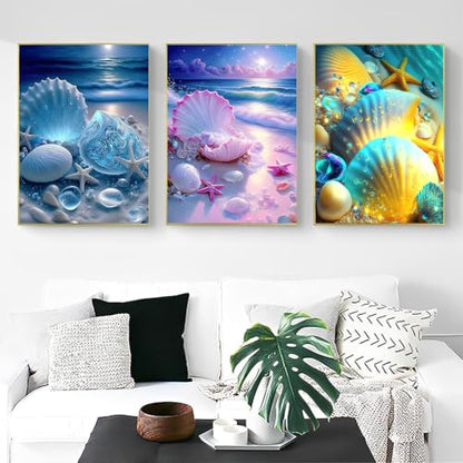 OFRKE Diamond Painting Kits for Adults,3 Pack Beach Shells Diamond Art for Beginners, Diamond Round 5D Full Drill Paint with Diamonds Pictures Gem Art Painting Kits DIY Crafts Kits 12x16inch - color: 3pcs-Shell