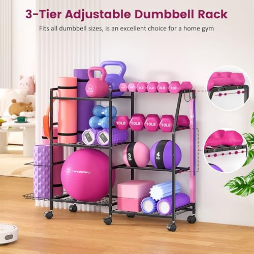 Dumbbell Rack, Weight Rack for Home Gym, Yoga Mat Storage Rack, Exercise Equipment Storage with Wheels and Hooks, Home Gym Equipment Organizer for Kettlebells - size: Standard