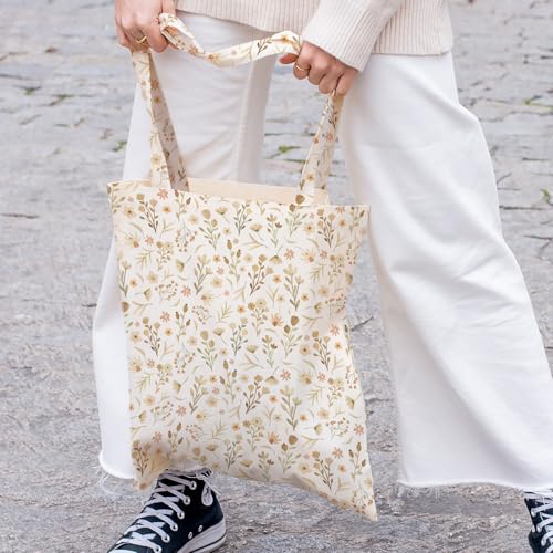 Kazova Floral Tote Bag for Women Canvas Cotton Book Bag Boho Wildflower Reusable Shoulder Tote with Inner Pocket for Students Class Daily Use 25x13.8 Inch - color: Boho a