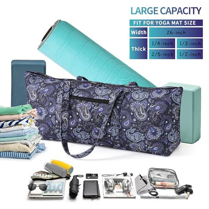Boulder Bee | Yoga Mat Bag | Large Yoga Mat Carrier with Wet Pocket | Yoga Gifts | Gym Tote Bag for Women - color: Tote-Blue Cashew Flower