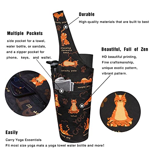 Yoga Mat Bag - Long Tote with Pockets - Holds More Yoga Accessories - Yoga Bag Fit Most Size Mats - Yoga Mat Carrier - color: Cat Yoga Dark-Brown