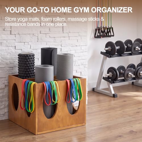 Sintuff Vintage Wood Yoga Mat Holder Storage Organizer Floor Standing Foam Roller Holder Rack for Home Yoga Mats Gym Sports Exercise Accessories Dumbbell Resistance Bands - color: Burnt Wood, style: 4 Slot
