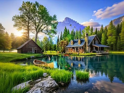 Shouruihua Diamond Painting Kits for Adults, Mountain Scene Diamond Art Kit | Tranquil Mountain Cabins & Lakes, Gem Art, Diamond Dotz Kits, Diamond Dots, Full Round Drill Diamond Painting, 15.7x11.8 in - color: Natural Scenery