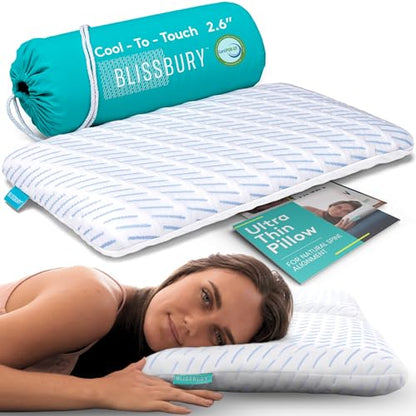 BLISSBURY Cooling Stomach Sleeper Pillow, Thin Memory Foam, 2.6 Inch - color: Cooling (White), size: 2.6"H (Queen)