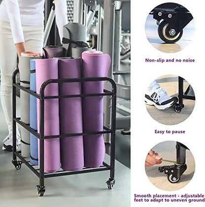 MM MELISEN Black Yoga Mat Storage Rack, Home Gym Studio Organizer Cart for Foam Roller, Yoga Strap and Resistance Bands, Movable Black Sports Equipment Storage Rack with Wheels