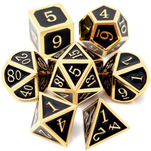 Haxtec Metal DND Dice Set, 7 Pcs Black Polyhedral Dice for Table Games | Gold Number D&D with Leather Bag, Compatible with Dungeons and Dragons, Enamel Heavy Metallic, RPG Gifts for DND Lovers - color: Gold Black