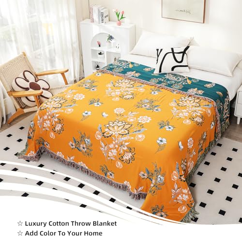 VANJOROY Boho Throw Blanket, 100% Organic Cotton Breathable Skin-Friendly Ultra Soft 50" x 60" Bed Yellow Throw - Floral Rustic Decor Luxury Reversible Blanket for Sofa Couch Chair and Gift, - color: Flower-art-b, size: Throw (50" X 60")