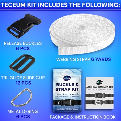 TECEUM 1" Nylon Strap Kit with Buckles, White 6 yards Repair Set | Heavy duty hardware kit: 6yd webbing, 6 quick release buckles, 12 tri-glide slide clips, 6 metal D-rings for crafting. - color: White, size: 1" - 6 yards, style: 6 Buckle - 12 Slides - 6 D