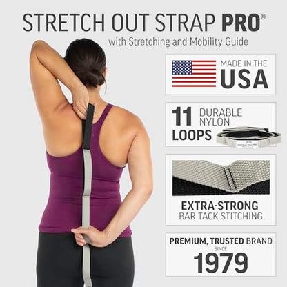 OPTP Stretch Out Strap Pro with Exercise Book, 11 Loops USA-Made Yoga Strap