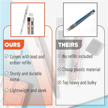 Mr. Pen- Metal Mechanical Pencil Set with Lead Refills & Erasers, 2mm | HB & Colored Lead Refills, 4x Eraser Refills for School Supplies, Note Taking, Drawing, Sketching, Office - style: 2.0mm