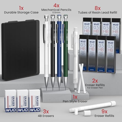 WUO 0.5 mm Mechanical Pencils with Eraser Pen Storage Case, 4 PCS | Metal Drafting Pencil Set, 480 HB Lead Refills, 3x4B Erasers, 11 Eraser Refills for Artist Writing Drawing Sketching - color: Multicolor1 - 0.5mm (4 Pack)