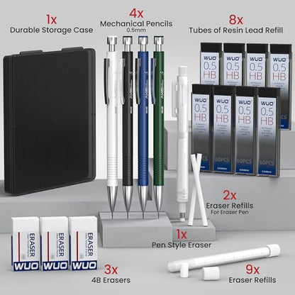 WUO 0.5 mm Mechanical Pencils with Eraser Pen Storage Case, 4 PCS | Metal Drafting Pencil Set, 480 HB Lead Refills, 3x4B Erasers, 11 Eraser Refills for Artist Writing Drawing Sketching - color: Multicolor1 - 0.5mm (4 Pack)