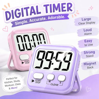 Antonki 2 Pack Digital Timer for Kids Classroom Kitchen Timers for Cooking | w/ Battery, Easy to View, Alarm, Mute Mode, Count Down/Up, Magnetic, Kickstand, Hanging, Classroom Timer for Teacher Supplies - color: 2 * Pink + Purple