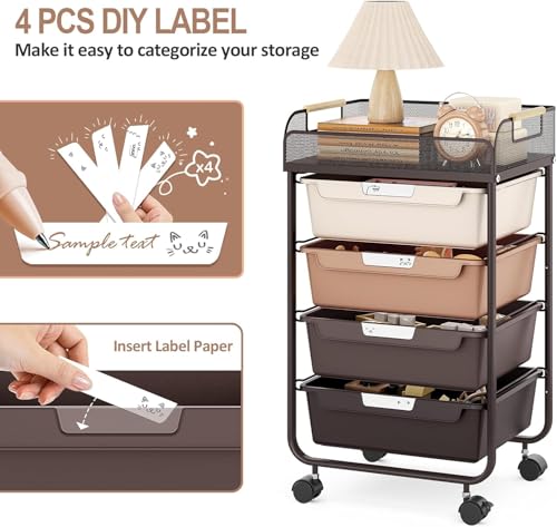 SYKIARIOL 4-Drawer Rolling Storage Cart with Mesh Top,Brown | Utility Craft Organizer Cart on Wheels with 4 DIY Labels, Rolling Drawer Cart for Home Office Classroom Bedroom - color: Gradient Brown