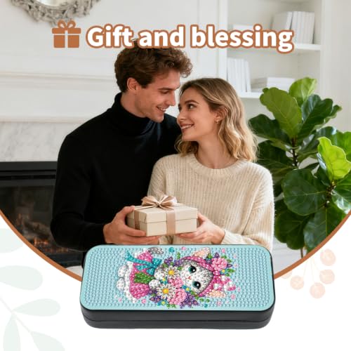 Diamond Art Painting Kit, Hard Shell Eyeglasses Glasses Case | Flower Kitty DIY Diamond Dots, Small Gem Art Paint Mosaic Kits, Cute Rhinestone Sunglasses Case for Adults Women Beginner - color: Blue Flower Kitty