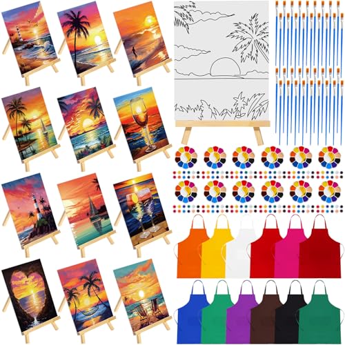 Motipuns 72 Pcs Paint and Sip Kit for Adults 12 Set 8''x10'' Pre Drawn Canvas for Painting with Easels Apron Brushes Palette Printed Canvas Bulk for DIY Birthday Gifts Date Night Party(Seaside Sunset) - style: Seaside Sunset