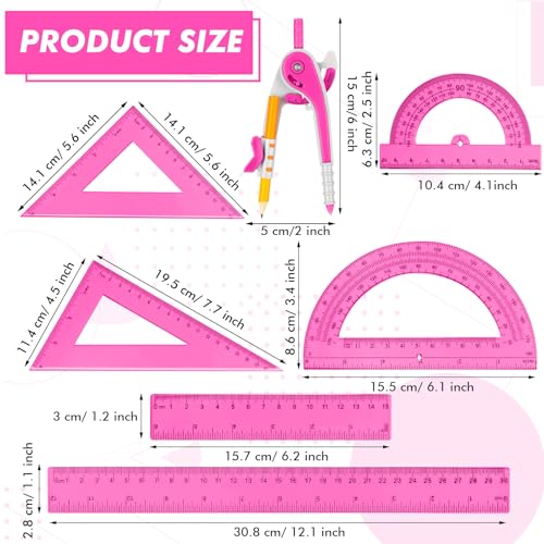 Zonon 1 Set Plastic Geometry Math Set 7 Pcs Includes 6'' / 4 '' Protractor, Drawing Compass, 45/60 Degree Triangle Rulers, 12'' / 6'' Math Ruler Transparent for Office Supplies(Pink) - color: Pink