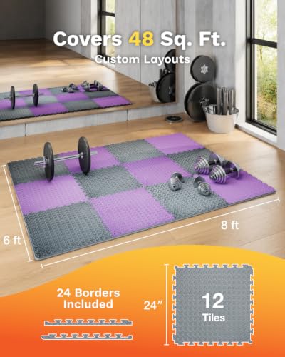 AIRHOP Upgraded 0.79" Extra Thick 48 Sq Ft High-Density Eva Foam Exercise Gym Mats, 12 Pcs Large Interlocking Puzzle Floor Tiles (24"x24") for Home Gym - color: Black/Purple