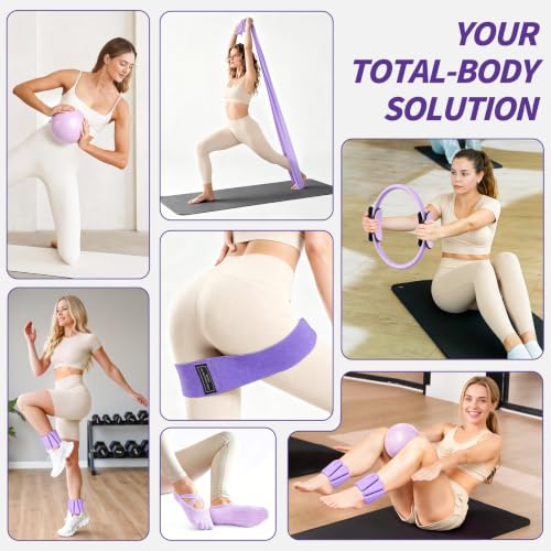 NANATI Pilates Kit, Home Pilates Workout Kit for Women, Pilates Equipment with 14.5"" Pilates Ring and Ball, Resistance Bands, Ankle Weights, Sliders & Grip Socks for Home Workouts - color: Purple