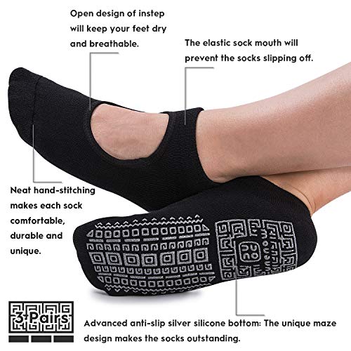 Non Slip Grip Yoga Socks for Women with Cushion for Pilates, Barre, Home - color: 3 Pairs-3 Black