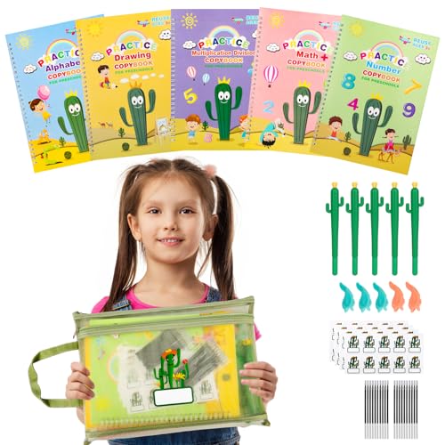 LUCKFUTURE Grooved Magic Copybook, Reusable Handwriting Practice | 5 Books Set with Pens, Preschool Learning Activities Workbook, Kindergarten Calligraphy Tracing for Kids Ages 3-7 - size: 5 Count (Pack of 1)