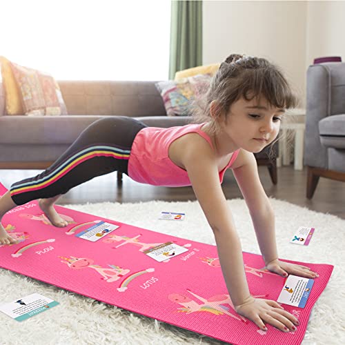 Garybank Kids Yoga Mat Set - Non-slip Exercise Mats with Fun Prints - 12 Yoga Cards - Carrier Bag - Odor Free Non-Toxic, Cute Yoga Mat for Girls & Boys (60 X 24 X 0.2 Inch)