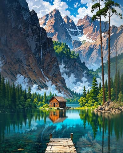 GEEHEIY Paint by Numbers Kit for Adults, Mountain Lake Cabin, 16 x 20 Inch | DIY Adult Paint by Number Kit on Canvas for Beginners, without Frame, Nature Wall Decor, Stress Relief Craft Gift - color: TRTDNF1P309