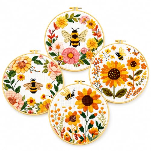 Zhenqing Bee & Flower Garden Cross Stitch Kit for Beginners - 4 Pre-Printed Designs with Hoop, Threads & Complete Tools(68059) - color: Bee Four-Piece Set