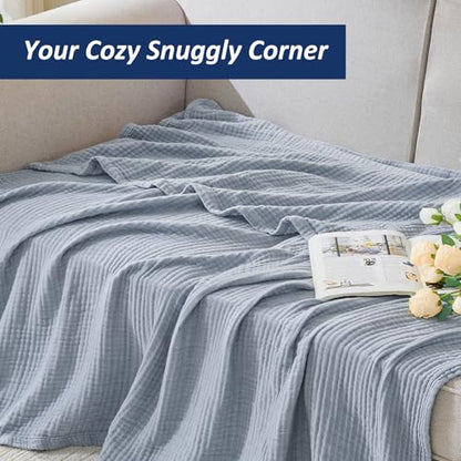 EMME Cotton Muslin Large Throw Blanket Couch Breathable Gauze Soft Lightweight Bed Blankets Adults (Heather Dusty Blue, 50"x70") - color: 07 - Dusty Blue, size: Large Throw (50" X 70")