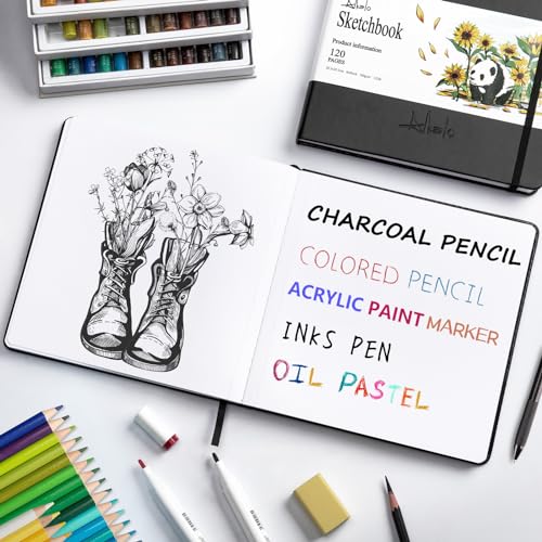 Sketchbook for Drawing, 120 Pages Sketch Book, 122LB/180GSM Thick Paper | Mixed Media Sketchbook for Charcoal Pencil, Inks Pen, Colored Pencil, Acrylic Marker, Oil Pastel - color: Back, size: Medium (8×8INCH)