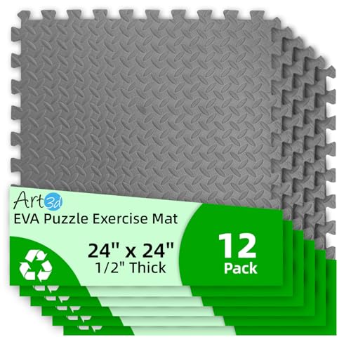 Art3d 12 Pack 24" x 24" EVA Interlocking Exercise Mats, 1/2" Thick Foam Puzzle Flooring for Workout, Gym Equipments, Training Areas, 48 Sq.FT, Grey - color: Grey, size: 48 Sq Ft