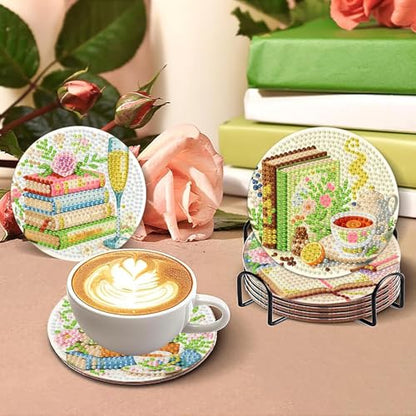 Mrnsiet 8PCS Books Diamond Art Coaster Kits for Adults, DIY Books Diamond Painting Coaster with Holder, Non Slip Hardwood Bases Coaster Set Gift for Beginners 4x4 Inch - color: Bdwy470-us